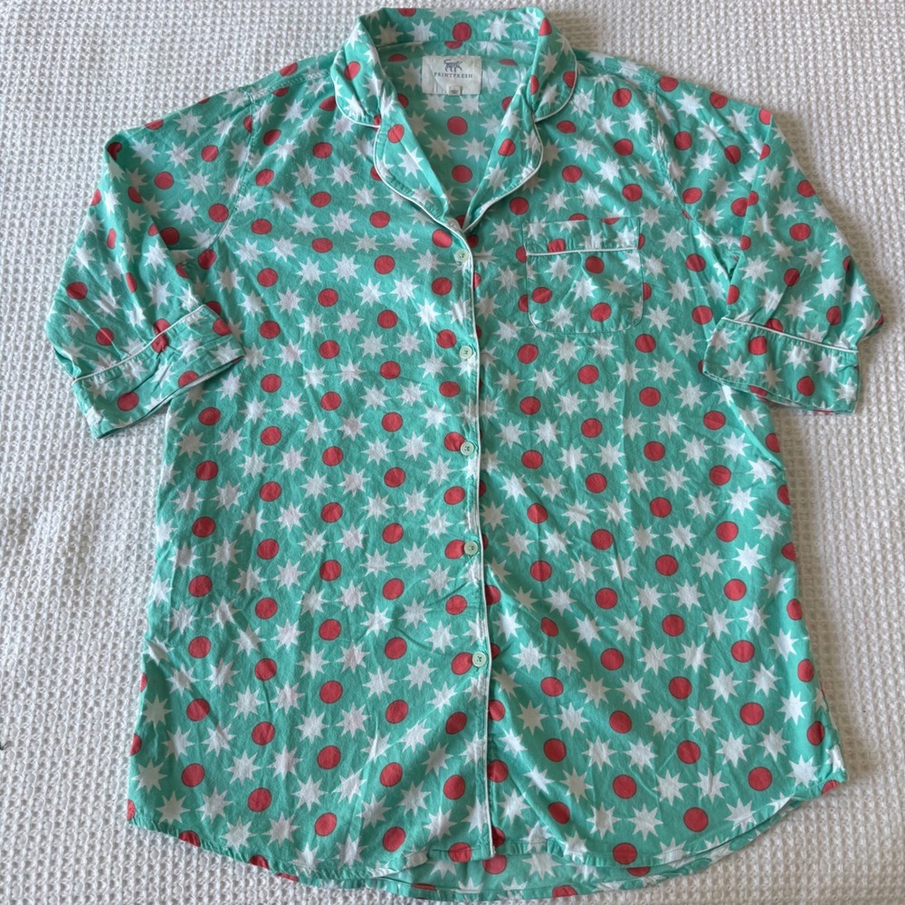 Printfresh Organic Cotton button down Sleep dress teal Polka Dot Large